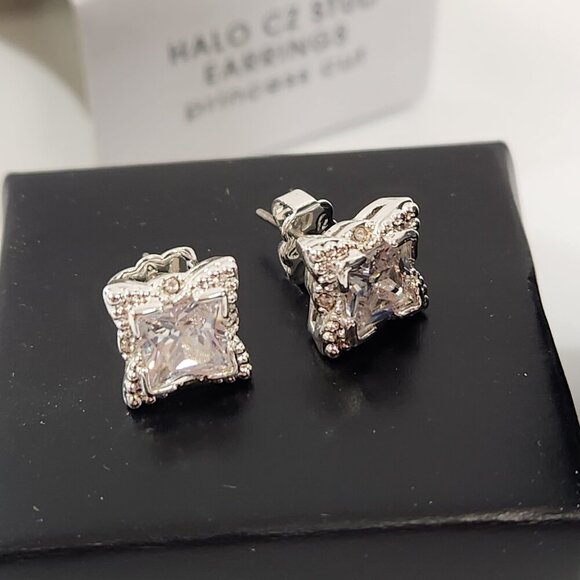 Avon Halo Cubic Zirconia Stud Earrings Princess Cut x 4 NEW - Picture 6 of 10